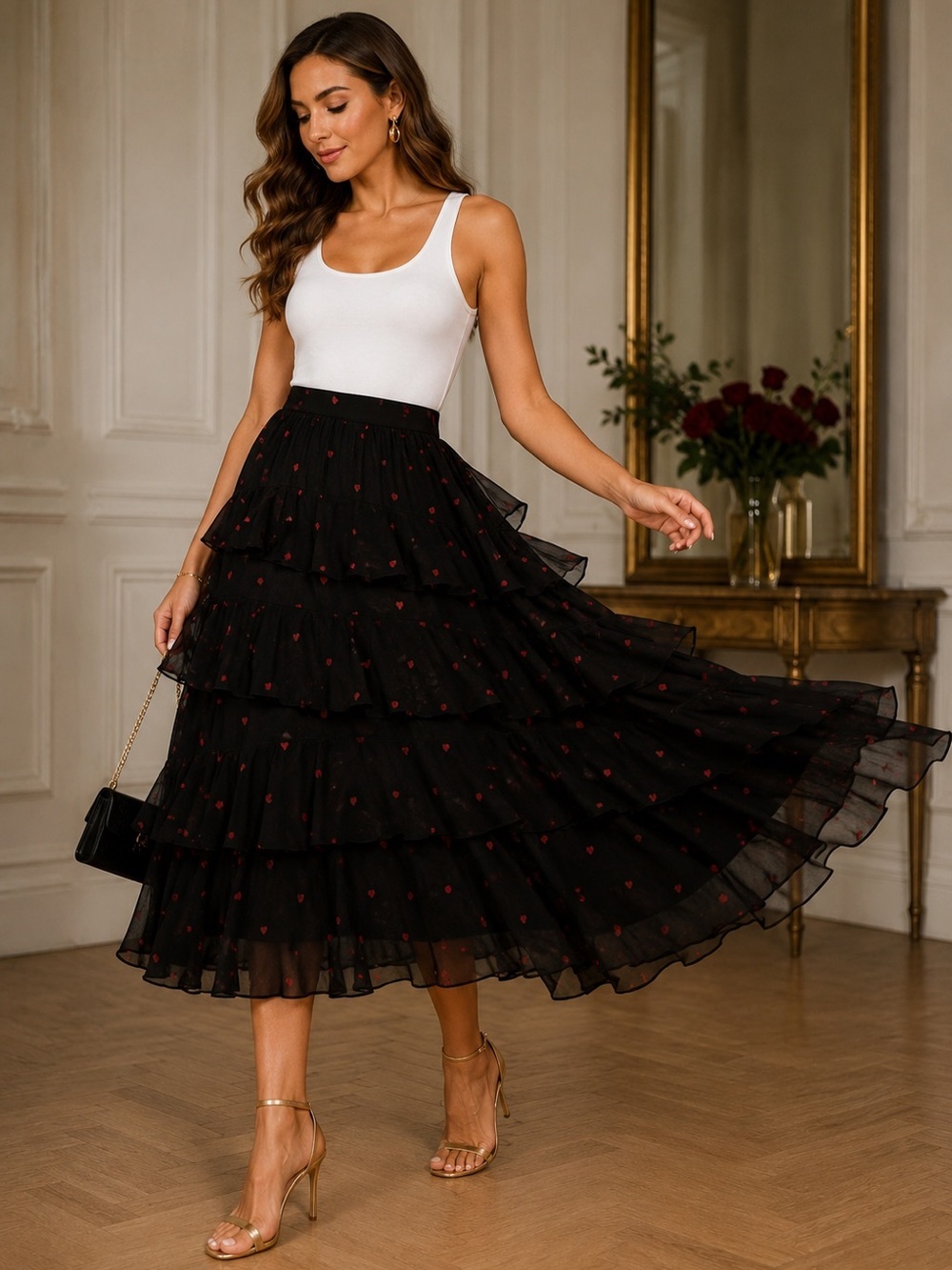 CeCe Black Tiered Ruffle Midi Skirt Red Heart Print Size 10 Romantic NWT